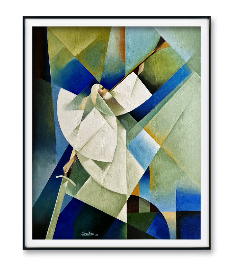 An abstract artwork of a figure holding a trumpet and a sword dressed in white robes